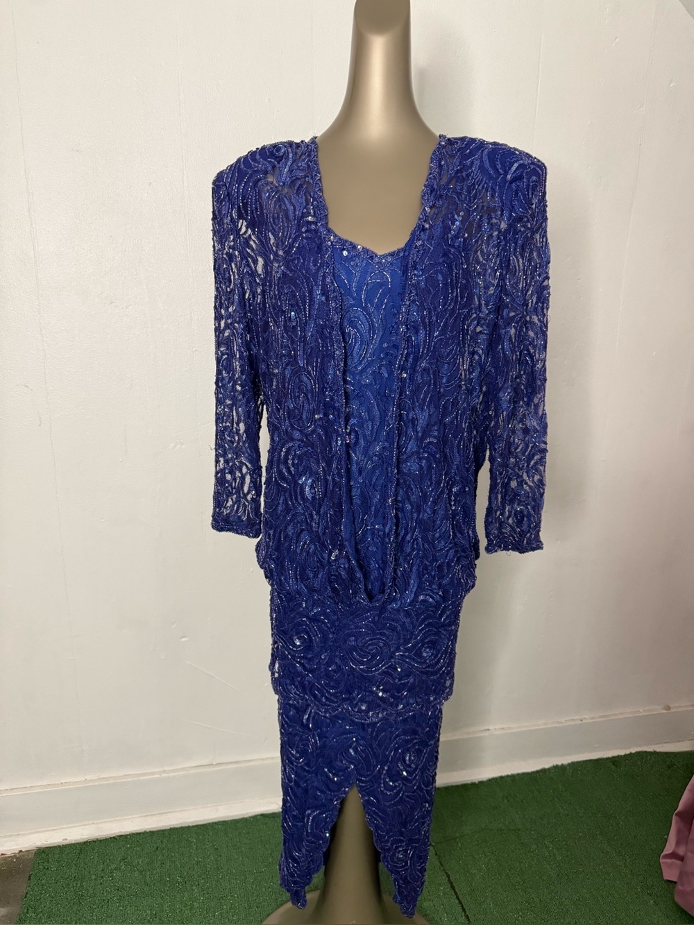 Vintage Judith Ann Creations Royal Blue Beaded Sequin Dress & Jacket Set Large